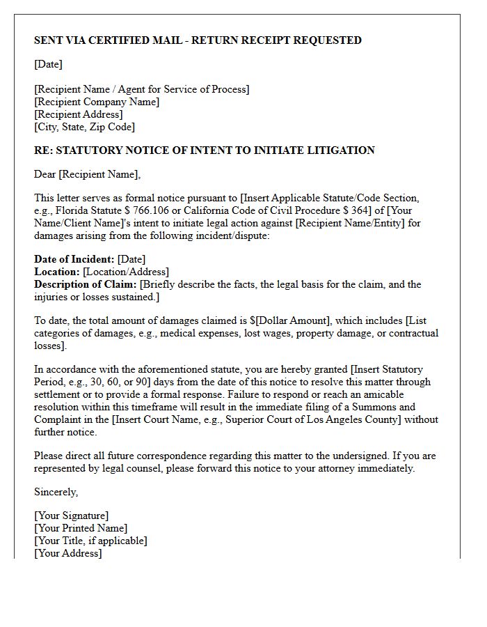 Statutory Notice of Intent to Initiate Litigation Letter