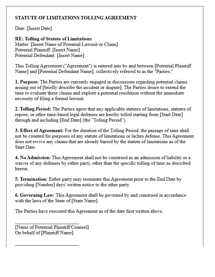 Statute of Limitations Tolling Agreement Letter