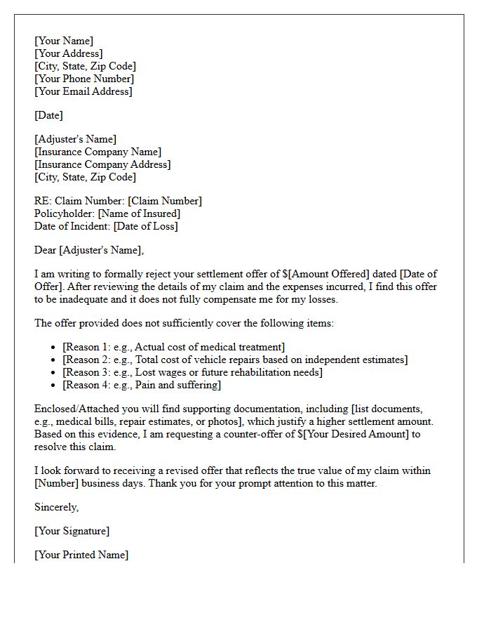 Rejection of Low Insurance Settlement Offer Letter