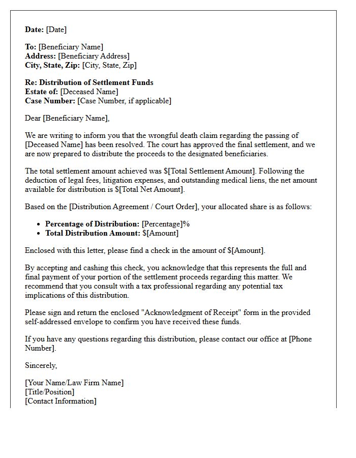 Wrongful Death Beneficiary Settlement Distribution Letter