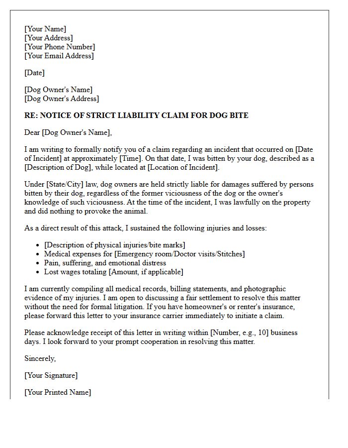 Initial Dog Bite Strict Liability Demand Letter
