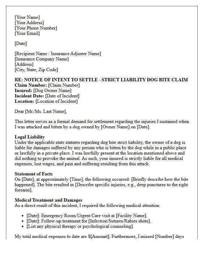 Pre-Litigation Dog Bite Strict Liability Settlement Letter
