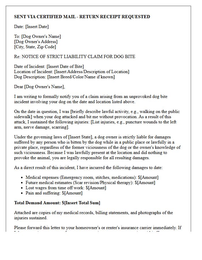Unprovoked Dog Bite Strict Liability Demand Letter