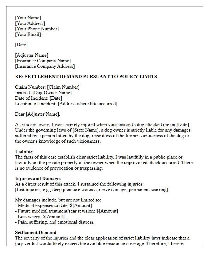 Policy Limits Dog Bite Strict Liability Settlement Letter
