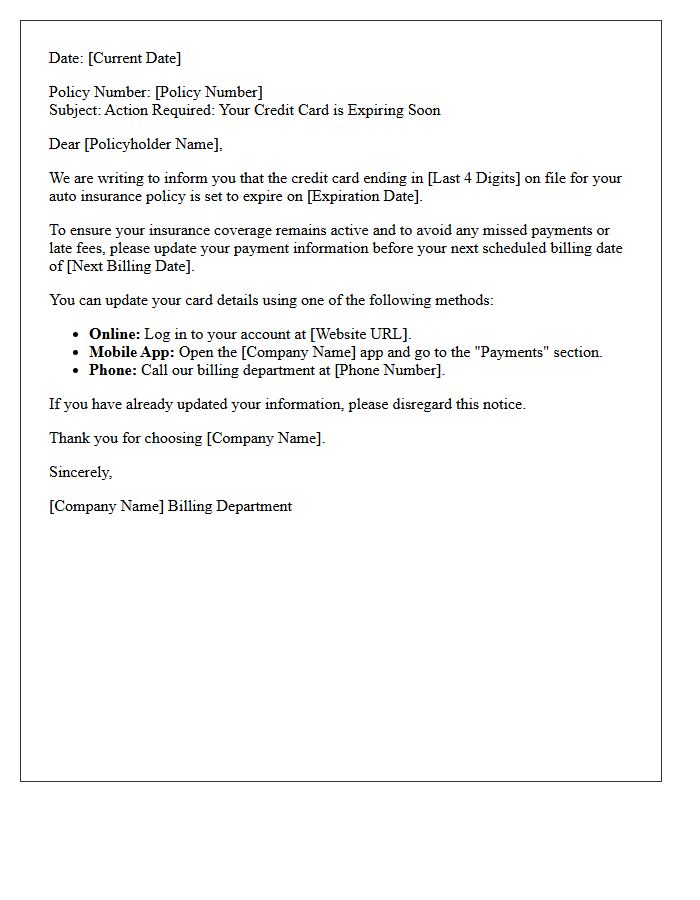 Upcoming Credit Card Expiration Warning Letter for Auto Insurance Policy