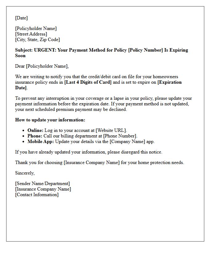 Homeowners Insurance Payment Method Expiration Warning Letter