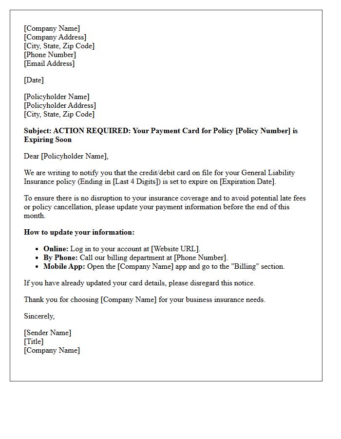 General Liability Insurance Payment Card Expiration Warning Letter