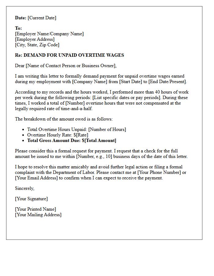 Initial Demand Letter for Unpaid Overtime Wages