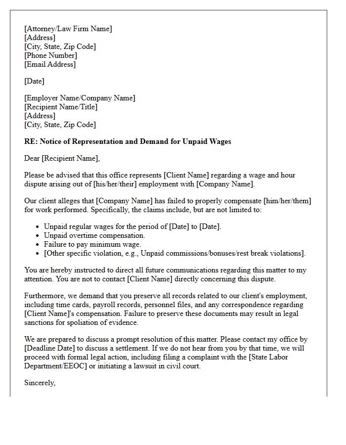Notice of Representation Letter for Wage Dispute
