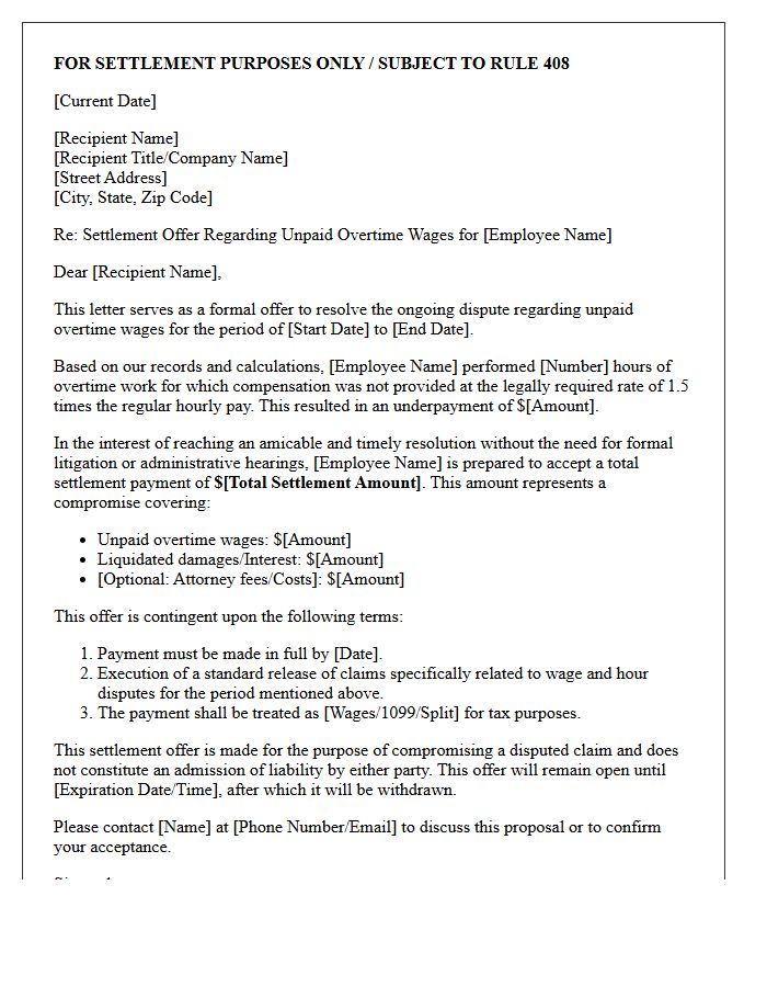 Overtime Wage Dispute Settlement Offer Letter