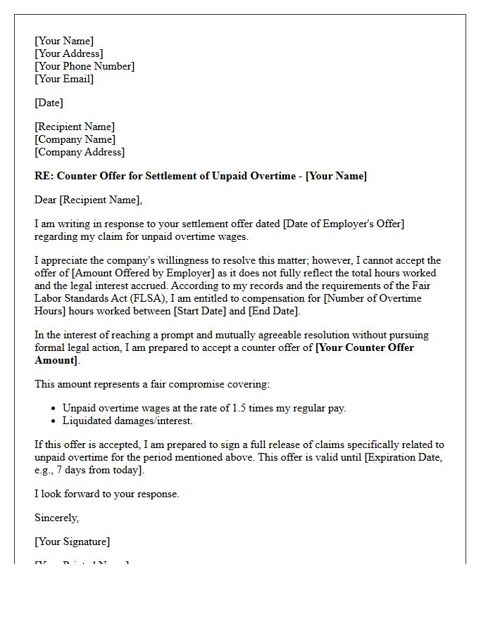Counter Offer Settlement Letter for Unpaid Overtime