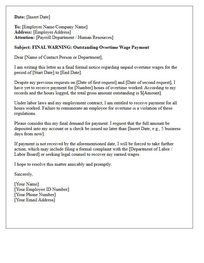 Final Warning Letter for Overtime Wage Payment