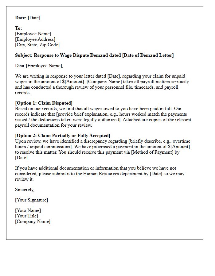 Employer Response Letter to Wage Dispute Demand