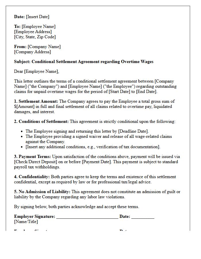 Conditional Settlement Agreement Letter for Overtime Wages