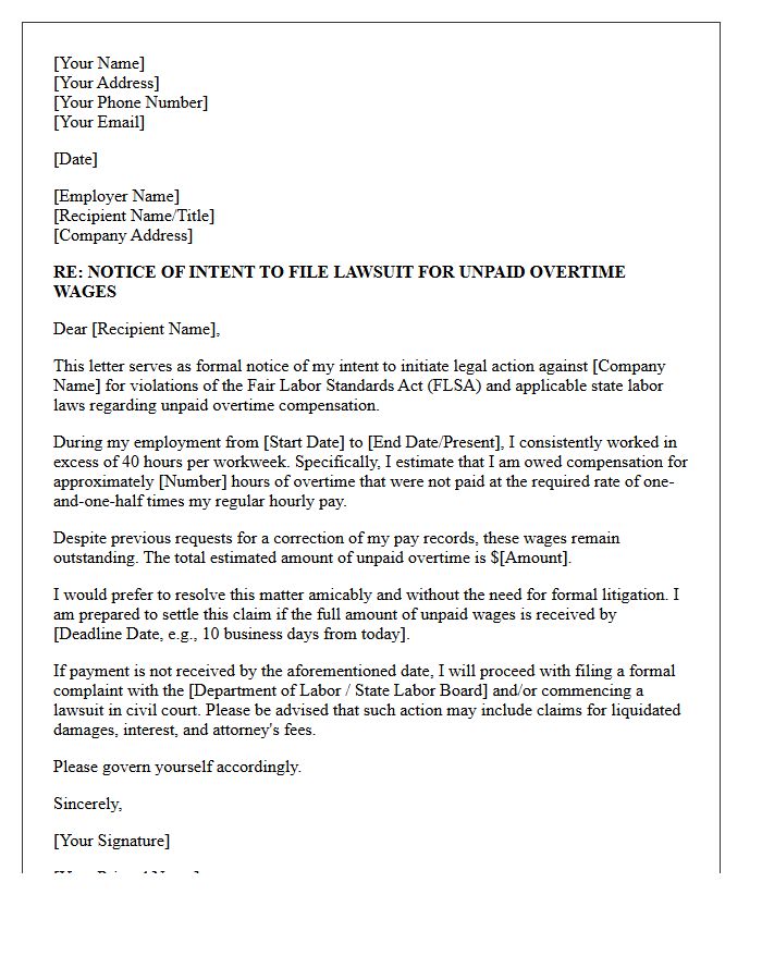 Notice of Lawsuit Intent Letter for Unpaid Overtime