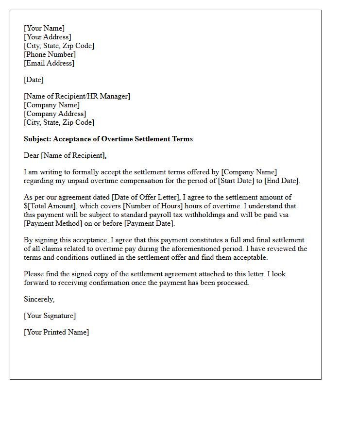 Acceptance of Overtime Settlement Terms Letter