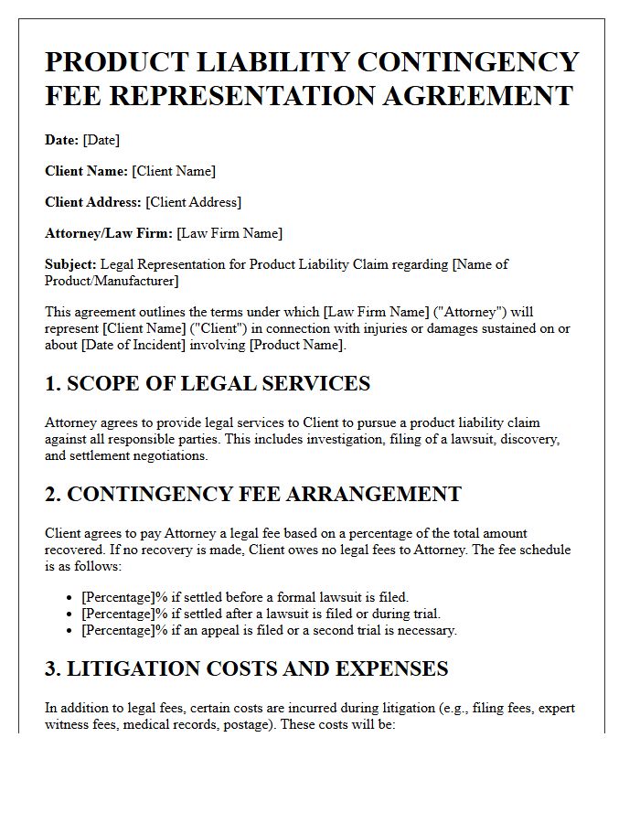 Product Liability Contingency Fee Representation Engagement Letter