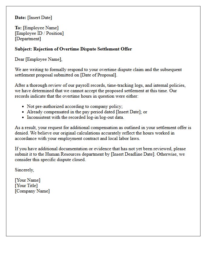 Rejection of Overtime Dispute Settlement Letter