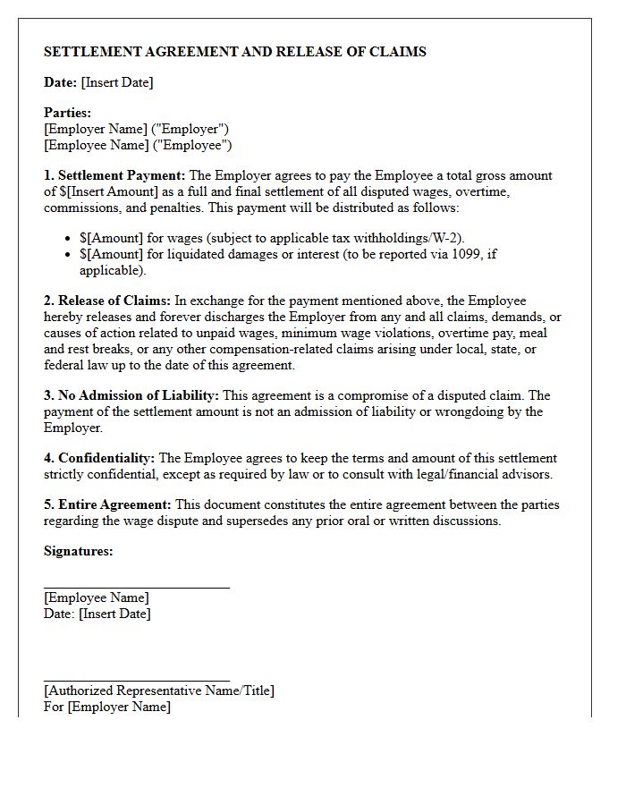 Draft Settlement Release Letter for Wage Dispute