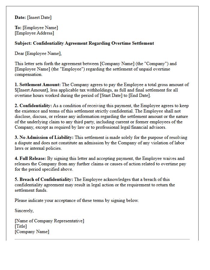 Confidentiality Agreement Letter for Overtime Settlement