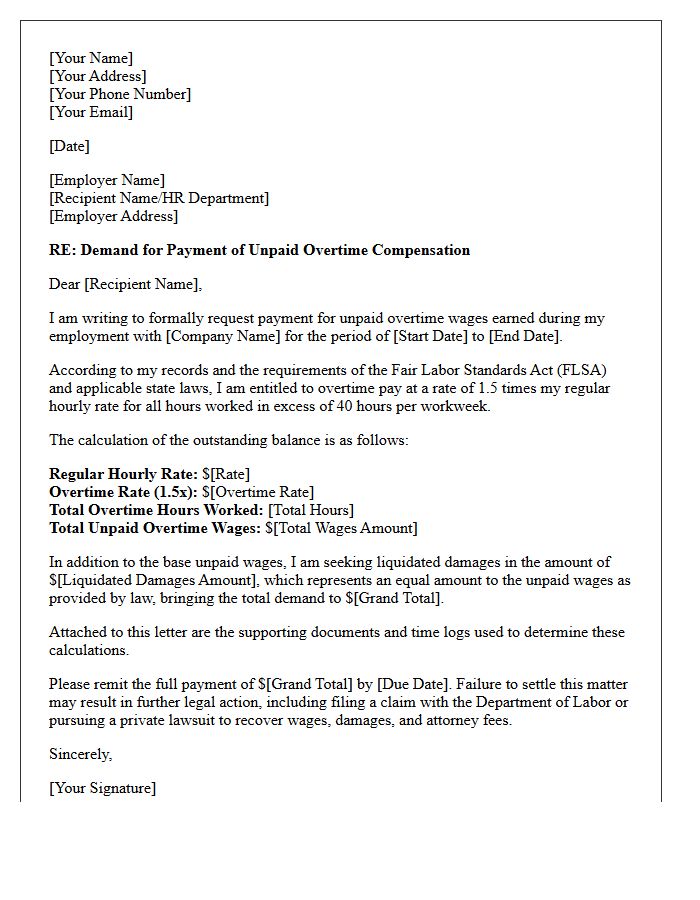 Calculation of Unpaid Overtime Damages Letter