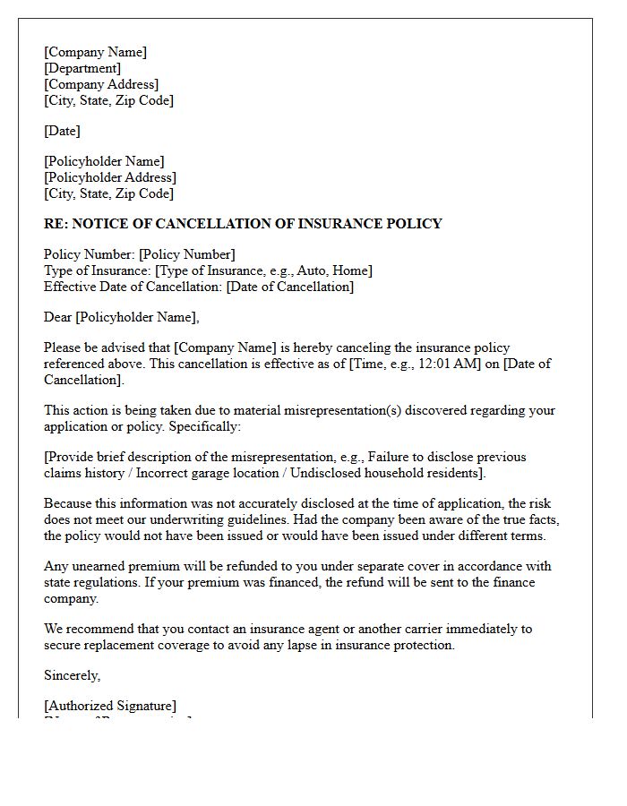 Standard Notice Of Cancellation Letter For Material Misrepresentation