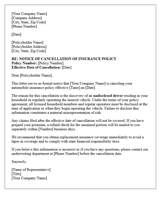 Auto Insurance Undisclosed Driver Cancellation Letter