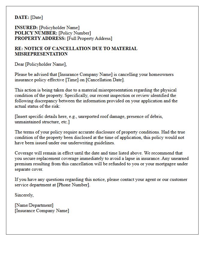 Homeowners Policy Property Condition Misrepresentation Cancellation Letter