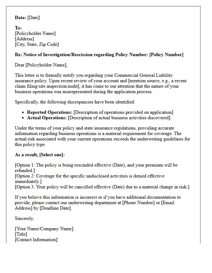 Commercial General Liability Business Operations Misrepresentation Letter