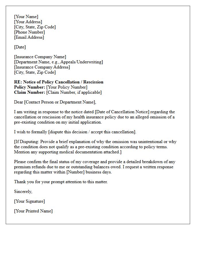 Health Insurance Preexisting Condition Omission Cancellation Letter