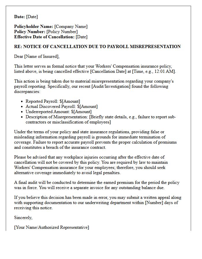 Workers Compensation Payroll Misrepresentation Cancellation Letter
