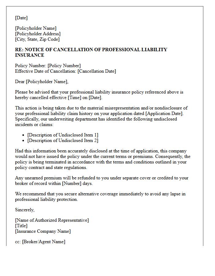 Professional Liability Claim History Nondisclosure Cancellation Letter