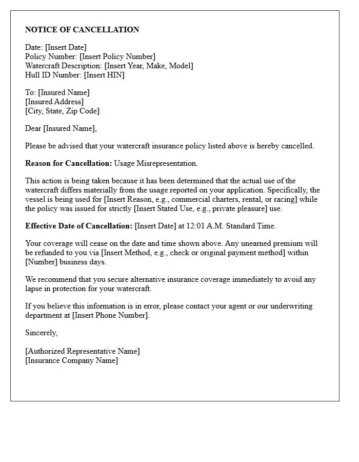 Watercraft Insurance Usage Misrepresentation Notice Of Cancellation Letter