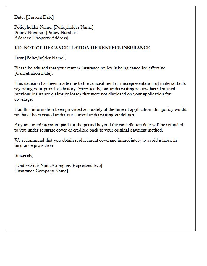 Renters Insurance Prior Loss Concealment Cancellation Letter