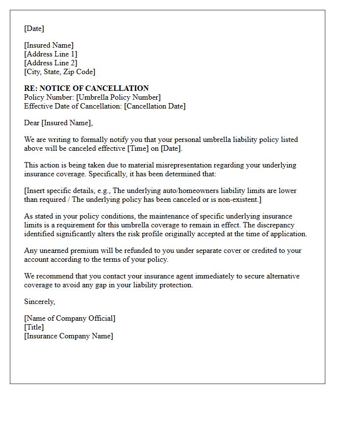 Umbrella Policy Underlying Coverage Misrepresentation Cancellation Letter