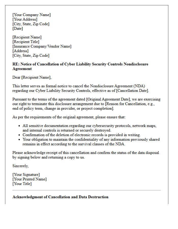 Cyber Liability Security Controls Nondisclosure Cancellation Letter