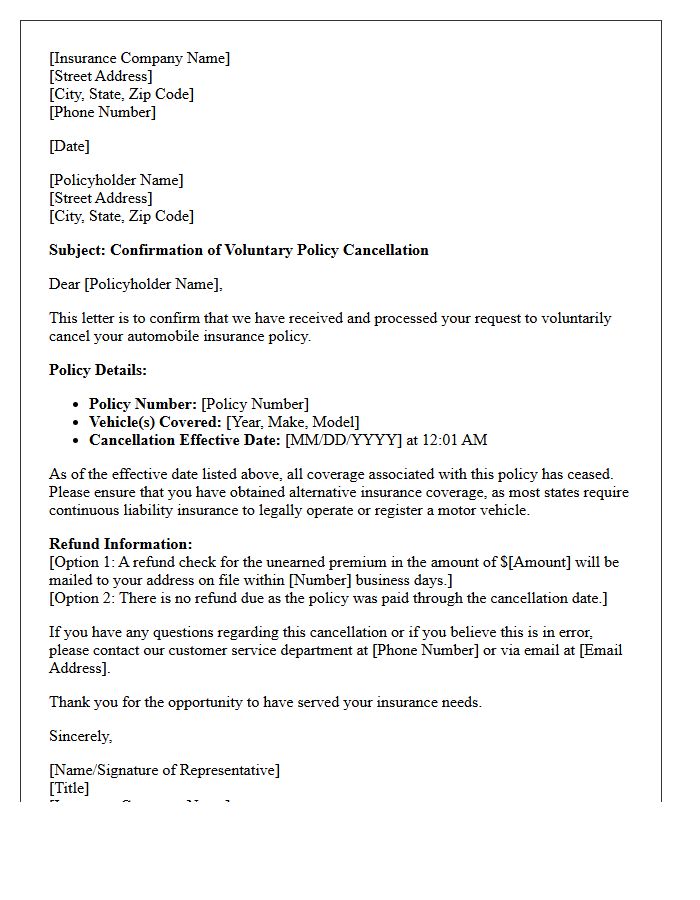 Voluntary Auto Insurance Cancellation Confirmation Letter