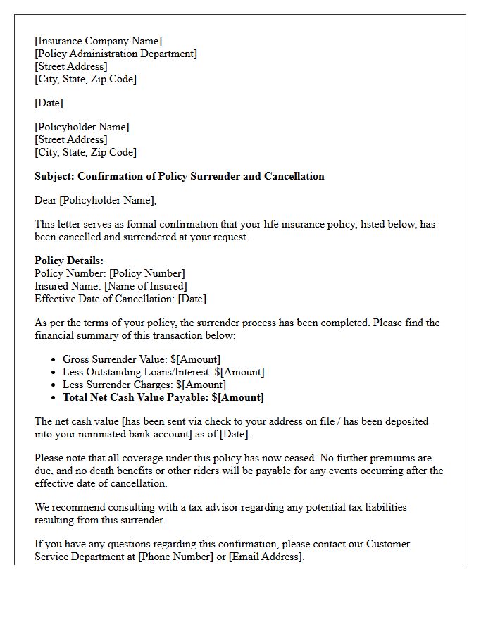Life Insurance Surrender and Cancellation Confirmation Letter