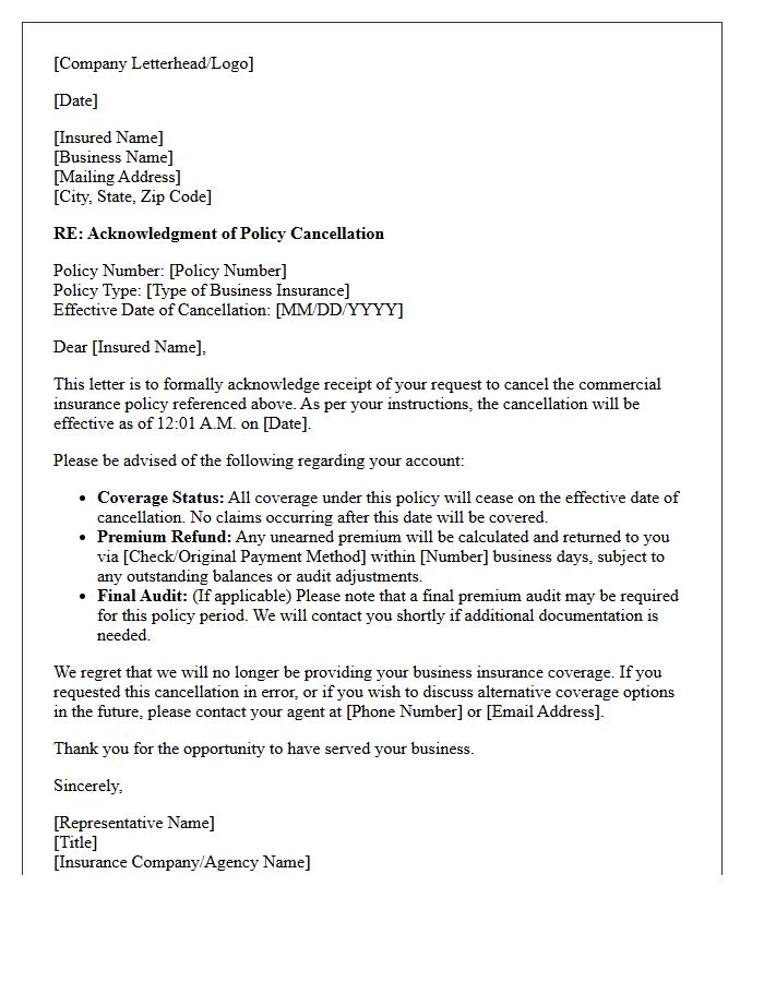 Commercial Business Policy Cancellation Acknowledgment Letter