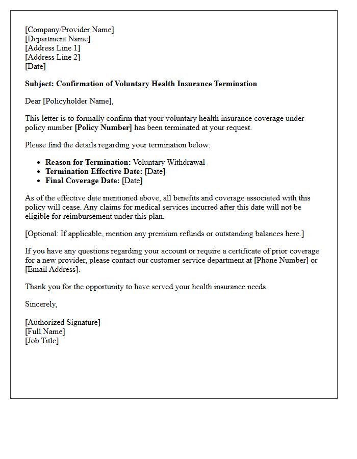 Letter of Confirmation for Voluntary Health Insurance Termination