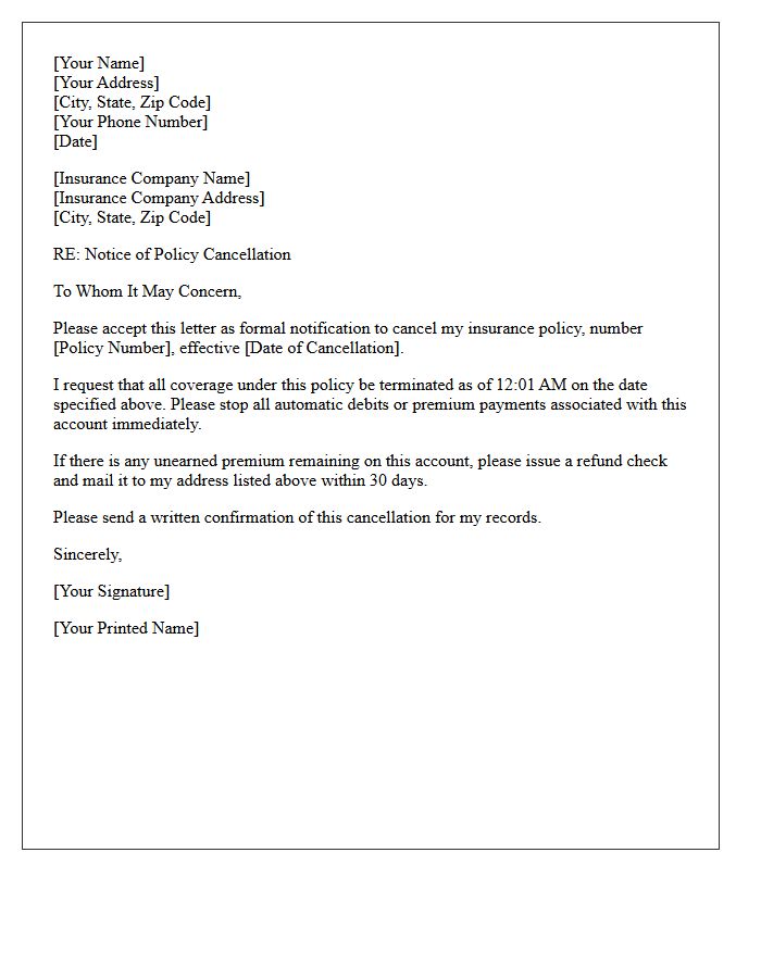 Personal Lines Insurance Policy Cancellation Letter