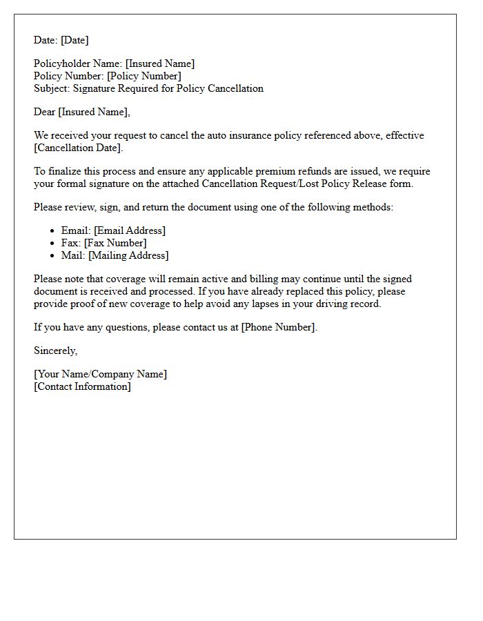 Request For Insured Signature To Finalize Auto Policy Cancellation Letter