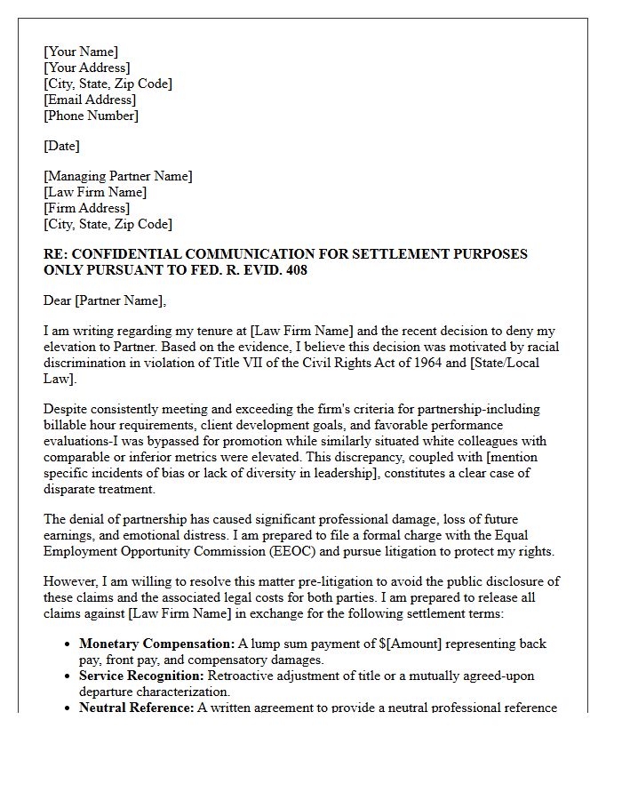 Title VII Race Discrimination Settlement Demand Letter For Denied Law Firm Partnership