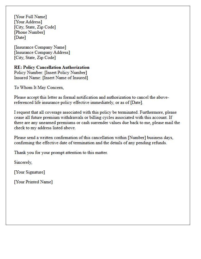 Life Insurance Policy Cancellation Authorization Letter