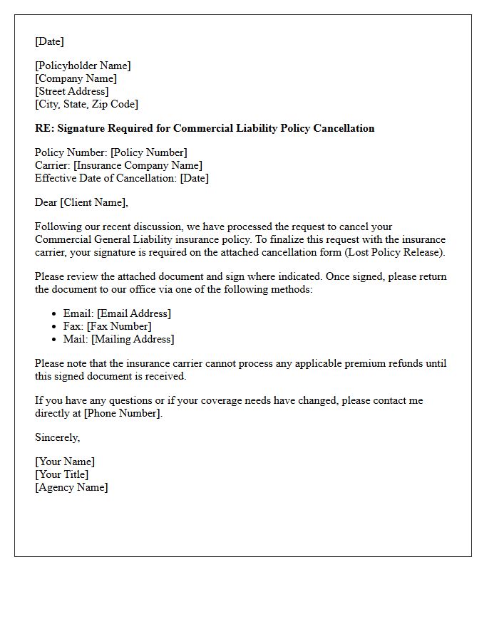 Commercial Liability Cancellation Signature Request Letter