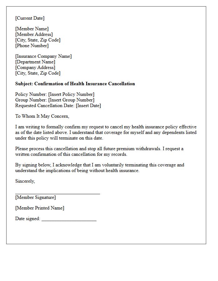 Health Insurance Cancellation Confirmation Signature Letter
