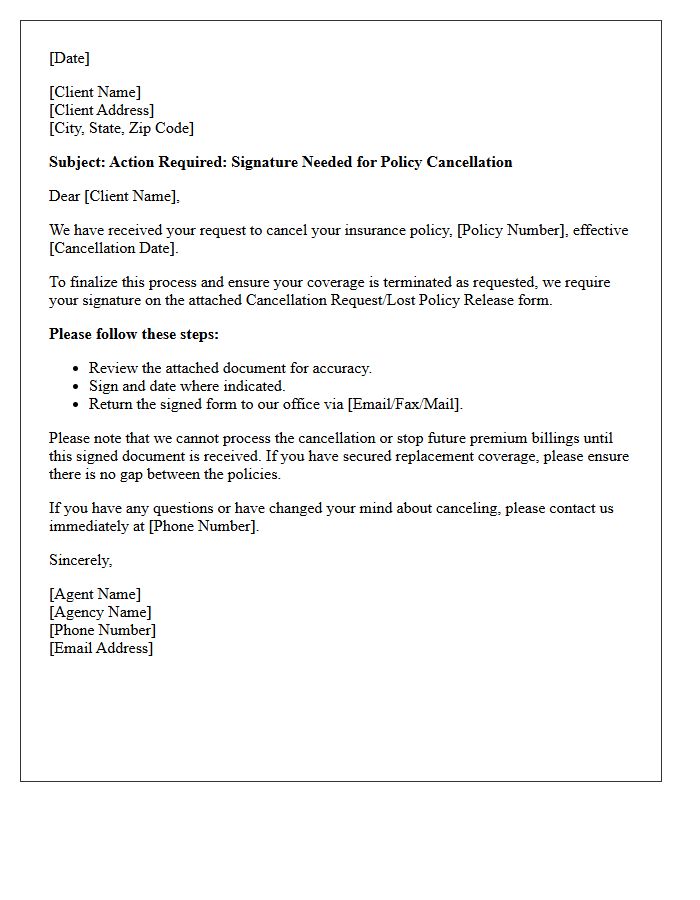 Insurance Agency Cancellation Form Signature Request Letter