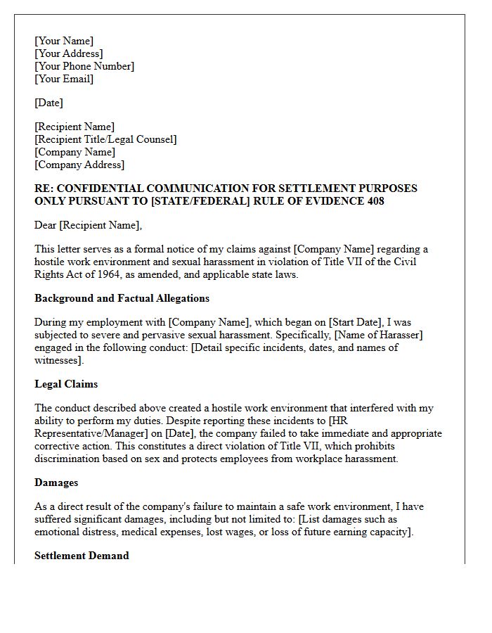 Hostile Work Environment And Title VII Sexual Harassment Settlement Demand Letter