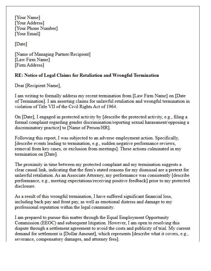 Title VII Retaliation And Wrongful Termination Demand Letter For Associate Attorney