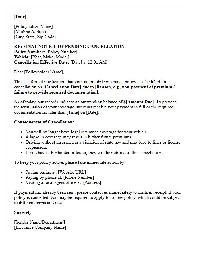Final Warning Letter For Auto Insurance Policy Cancellation